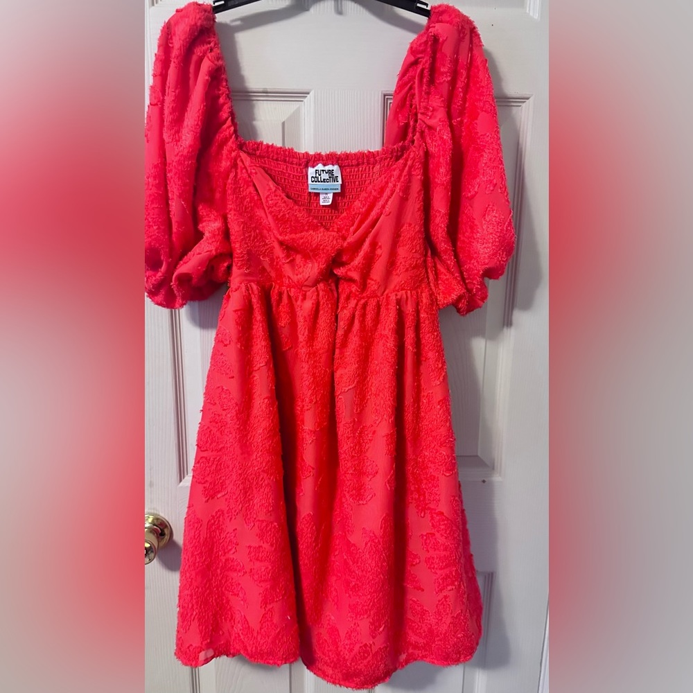 Beautiful peachy orange fit an flare dress 3d flowers all over size 1x/ 2x